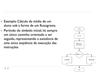 9
 Exemplo: Cálculo da média de um
aluno sob a forma de um fluxograma.
 Partindo do símbolo inicial, há sempre
um único caminho orientado a ser
seguido, representando a existência de
uma única seqüência de execução das
instruções
 
