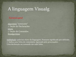 A linguagem Visualg
algoritmo "semnome" 
// Seção de Declarações 
inicio
// Seção de Comandos 
fimalgoritmo
Sublinhado: palavras-chave da linguagem. Possuem significado pré-definido.
// Indica uma linha de comentário. Ignorada pelo processador.
Uma declaração ou comando em cada linha.
Estrutura geral
 