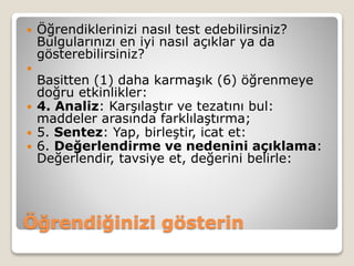 Öğrendiğinizi gösterin
 Öğrendiklerinizi nasıl test edebilirsiniz?
Bulgularınızı en iyi nasıl açıklar ya da
gösterebilirsiniz?

Basitten (1) daha karmaşık (6) öğrenmeye
doğru etkinlikler:
 4. Analiz: Karşılaştır ve tezatını bul:
maddeler arasında farklılaştırma;
 5. Sentez: Yap, birleştir, icat et:
 6. Değerlendirme ve nedenini açıklama:
Değerlendir, tavsiye et, değerini belirle:
 