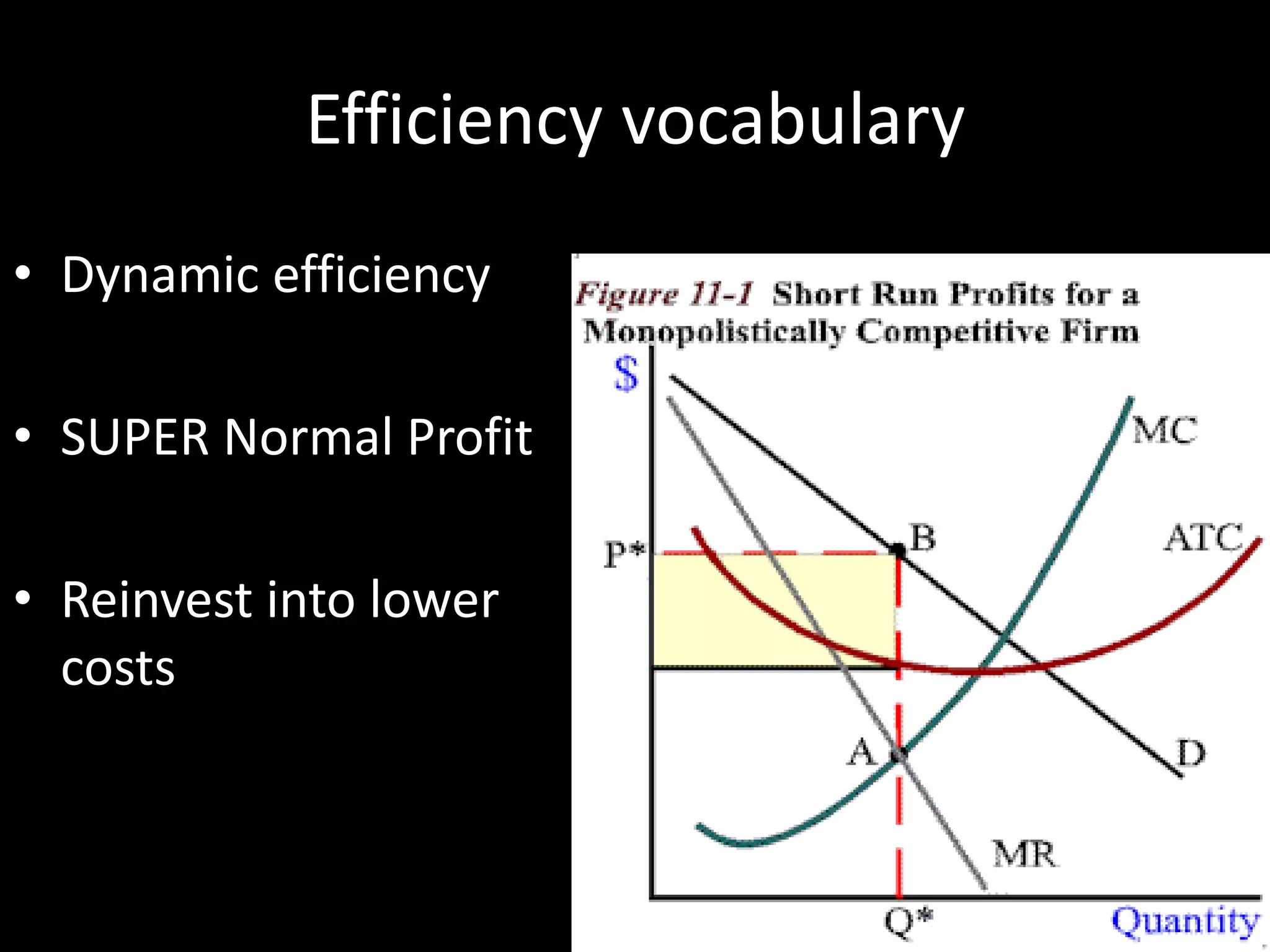 Efficiency vocabulary
• Dynamic efficiency
• SUPER Normal Profit
• Reinvest into lower
costs