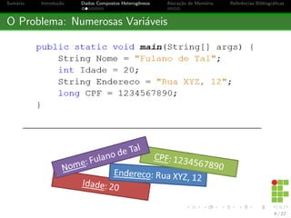 cas 
Representac~ao de Dados 
Um computador e um dispositivo eletr^onico e, por isso, e 
composto por circuitos eletricos. A aus^encia ou presenca de tens~ao 
eletrica, em cada circuito, representa um valor para de bit: 0 (na 
aus^encia de tens~ao) ou 1 (na presenca de tens~ao). 
O bit, por sua vez, e o menor dado que pode ser representado por 
um computador e, quando arranjado com outros bit, comp~oem 
bytes, ou ainda conjuntos de bytes, que representam dados. Este 
arranjo e determinado por uma estrutura, ent~ao: Estrutura de 
Dados. 
5 / 22 
 