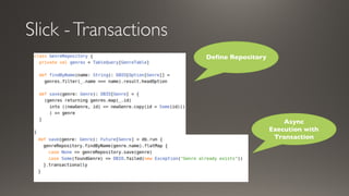 Slick -Transactions
Define Repository
Async
Execution with
Transaction
 