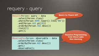 Result<Person> query = data
    .select(Person.class)
    .where(Person.NAME.lower().like("b%"))
    .and(Person.AGE.gt(20))
    .orderBy(Person.AGE.desc())
    .limit(5)
    .get();
Observable<Person> observable = data
    .select(Person.class)
    .orderBy(Person.AGE.desc())
    .get()
    .observable();
requery - query
Query by Fluent API
Reactive Programming
Cold Observable
Non blocking
 