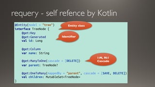@Entity(model = "tree") 
interface TreeNode { 
    @get:Key 
    @get:Generated 
    val id: Long
   
    @get:Column 
    var name: String 
 
    @get:ManyToOne(cascade = [DELETE])
    var parent: TreeNode? 
 
    @get:OneToMany(mappedBy = "parent", cascade = [SAVE, DELETE]) 
    val children: MutableSet<TreeNode>
}
requery - self refence by Kotlin
Identifier
Entity class
1:N, N:1
Cascade
 