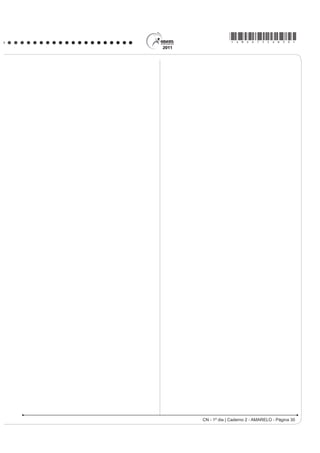 *AMAR75sab27*

QUESTÃO 82                                                                               QUESTÃO 84

     O etanol é considerado um biocombustível promissor,                                    Ao diminuir o tamanho de um orifício atravessado
pois, sob o ponto de vista do balanço de carbono,                                        por um feixe de luz, passa menos luz por intervalo de
possui uma taxa de emissão praticamente igual a zero.
                                                                                         tempo, e próximo da situação de completo fechamento
Entretanto, esse não é o único ciclo biogeoquímico
associado à produção de etanol. O plantio da cana-                                       GR RULItFLR YHUL¿FDVH TXH D OX] DSUHVHQWD XP
de-açúcar, matéria-prima para a produção de etanol,                                      FRPSRUWDPHQWR FRPR R LOXVWUDGR QDV ¿JXUDV 6DEHVH
envolve a adição de macronutrientes como enxofre,                                        que o som, dentro de suas particularidades, também
nitrogênio, fósforo e potássio, principais elementos                                     pode se comportar dessa forma.
envolvidos no crescimento de um vegetal.
                                        Revista Química Nova na Escola. no 28, 2008.             Lâmpada
                                                                                                                           Buraco
O nitrogênio incorporado ao solo, como consequência
da atividade descrita anteriormente, é transformado em
nitrogênio ativo e afetará o meio ambiente, causando
A o acúmulo de sais insolúveis, desencadeando um
                                                                                                                                     Raios
  SURFHVVR GH VDOLQL¿FDomR GR VROR
                                                                                                                                     de luz
B a eliminação de microrganismos existentes no solo
  UHVSRQViYHLV SHOR SURFHVVR GH GHVQLWUL¿FDomR
C a contaminação de rios e lagos devido à alta
  solubilidade de íons como NO3 e NH4+ em água.
D a diminuição do pH do solo pela presença de NH3,
  que reage com a água, formando o NH4OH (aq).
E a diminuição da oxigenação do solo, uma vez que
  o nitrogênio ativo forma espécies químicas do tipo
  NO2, NO3, N2O.

QUESTÃO 83

    Os vaga-lumes machos e fêmeas emitem sinais
luminosos para se atraírem para o acasalamento. O
macho reconhece a fêmea de sua espécie e, atraído
por ela, vai ao seu encontro. Porém, existe um tipo de                                                     FIOLHAIS, C. Física divertida. Brasília: UnB, 2000 (adaptado).

vaga-lume, o Photuris, cuja fêmea engana e atrai os                                      Em qual das situações a seguir está representado o
machos de outro tipo, o Photinus ¿QJLQGR VHU GHVVH                                      fenômeno descrito no texto?
gênero. Quando o macho Photinus se aproxima da
                                                                                         A Ao se esconder atrás de um muro, um menino ouve
fêmea Photuris, muito maior que ele, é atacado e
                                                                                            a conversa de seus colegas.
devorado por ela.
                                                                                         B $R JULWDU GLDQWH GH XP GHV¿ODGHLUR XPD SHVVRD
    BERTOLDI, O. G.; VASCONCELLOS, J. R. Ciência  sociedade: a aventura da vida,
                       a aventura da tecnologia. São Paulo: Scipione, 2000 (adaptado).      ouve a repetição do seu próprio grito.
A relação descrita no texto, entre a fêmea do gênero                                     C Ao encostar o ouvido no chão, um homem percebe
Photuris e o macho do gênero Photinus, é um                                                 o som de uma locomotiva antes de ouvi-lo pelo ar.
exemplo de                                                                               D Ao ouvir uma ambulância se aproximando, uma
A   comensalismo.                                                                           pessoa percebe o som mais agudo do que quando
B   inquilinismo.                                                                           aquela se afasta.
C   cooperação.                                                                          E Ao emitir uma nota musical muito aguda, uma
D   predatismo.                                                                             cantora de ópera faz com que uma taça de cristal
E   mutualismo.                                                                             se despedace.
CN - 1º dia | Caderno 2 - AMARELO - Página 27
 