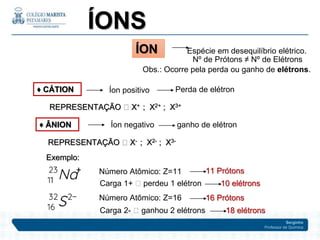 Serginho
Professor de Química
ÍON Espécie em desequilíbrio elétrico.
Nº de Prótons ≠ Nº de Elétrons
Obs.: Ocorre pela perda ou ganho de elétrons.
♦ CÁTION Íon positivo Perda de elétron
REPRESENTAÇÃO 🡪 X+ ; X2+ ; X3+
♦ ÂNION Íon negativo ganho de elétron
REPRESENTAÇÃO 🡪 X- ; X2- ; X3-
Exemplo:
Número Atômico: Z=11 11 Prótons
Carga 1+ 🡪 perdeu 1 elétron 10 elétrons
Número Atômico: Z=16 16 Prótons
Carga 2- 🡪 ganhou 2 elétrons 18 elétrons
ÍONS
 