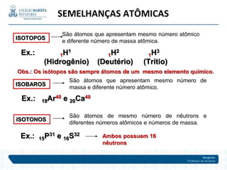 Serginho
Professor de Química
ISOTOPOS
São átomos que apresentam mesmo número atômico
e diferente número de massa atômica.
Ex.: 1H1
1H2
1H3
(Hidrogênio) (Deutério) (Trítio)
Obs.: Os isótopos são sempre átomos de um mesmo elemento químico.
ISOBAROS
São átomos que apresentam mesmo número de
massa e diferente número atômico.
Ex.: 18Ar40 e 20Ca40
ISOTONOS
São átomos de mesmo número de nêutrons e
diferentes números atômicos e números de massa.
Ex.: 15P31 e 16S32 Ambos possuem 16
nêutrons
SEMELHANÇAS ATÔMICAS
 