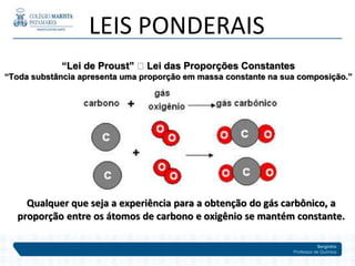 Serginho
Professor de Química
LEIS PONDERAIS
“Lei de Proust” 🡪 Lei das Proporções Constantes
“Toda substância apresenta uma proporção em massa constante na sua composição.”
Qualquer que seja a experiência para a obtenção do gás carbônico, a
proporção entre os átomos de carbono e oxigênio se mantém constante.
 