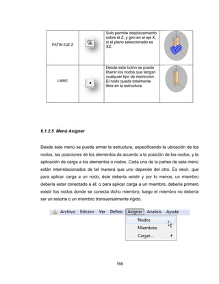 168
PATIN EJE Z
Solo permite desplazamiento
sobre el Z, y giro en el eje X,
si el plano seleccionado es
XZ.
LIBRE
Desde este botón se puede
liberar los nodos que tengan
cualquier tipo de restricción.
El nodo queda totalmente
libre en la estructura.
6.1.2.5 Menú Asignar
Desde éste menú se puede armar la estructura, especificando la ubicación de los
nodos, las posiciones de los elementos de acuerdo a la posición de los nodos, y la
aplicación de carga a los elementos o nodos. Cada una de la partes de este menú
están interrelacionados de tal manera que uno depende del otro. Es decir, que
para aplicar carga a un nodo, éste debería existir y por lo menos, un miembro
debería estar conectado a él; o para aplicar carga a un miembro, debería primero
existir los nodos donde se conecta dicho miembro, luego el miembro no debería
ser un resorte o un miembro transversalmente rígido.
 