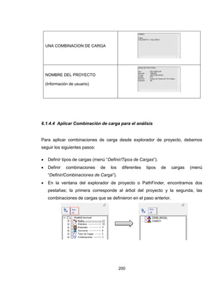 200
UNA COMBINACION DE CARGA
NOMBRE DEL PROYECTO
(Información de usuario)
6.1.4.4 Aplicar Combinación de carga para el análisis
Para aplicar combinaciones de carga desde explorador de proyecto, debemos
seguir los siguientes pasos:
 Definir tipos de cargas (menú “Definir/Tipos de Cargas”).
 Definir combinaciones de los diferentes tipos de cargas (menú
“Definir/Combinaciones de Carga”).
 En la ventana del explorador de proyecto o PathFinder, encontramos dos
pestañas; la primera corresponde al árbol del proyecto y la segunda, las
combinaciones de cargas que se definieron en el paso anterior.

 