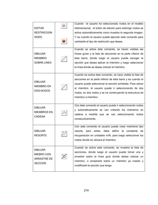 214
EDITAR
RESTRICCION
NODO
Cuando el usuario ha seleccionado nodos en el modelo
tridimensional, el botón de edición para restringir nodos se
activa automáticamente como muestra la segunda imagen.
Y es cuando el usuario puede ejecutar este comando para
cambiarle el tipo de restricción que desee.
DIBUJAR
MIEMBRO
SOBRE LINEA
Cuando se activa éste comando, se hacen visibles las
líneas guías y la lista de secciones en la parte inferior de
ésta barra, donde luego el usuario puede escoger la
sección que desea aplicar al miembro y luego seleccionar
la línea donde se desee colocar el miembro.
DIBUJAR
MIEMBRO EN
DOS NODOS
Cuando se activa éste comando, se hace visible la lista de
secciones en la parte inferior de ésta barra y es cuando el
usuario puede seleccionar la sección anhelada. Para ubicar
el miembro, el usuario puede ir seleccionando de dos
nodos, en dos nodos y se ira construyendo la estructura de
miembro a miembro.
DIBUJAR
MIEMBROS EN
CADENA
Con éste comando el usuario puede ir seleccionando nodos
y automáticamente se van creando los miembros en
cadena a medida que se van seleccionando nodos
consecutivamente.
DIBUJAR
RESORTE
Con este comando el usuario puede crear miembros tipo
resorte, pero antes, debe definir la constante de
recuperación en unidades m/N, para luego seleccionar los
nodos donde se ubicara el miembro.
DIBUJAR
MIEBRO CON
ARRASTRE DE
SECCION
Cuando se activa este comando, se muestra la lista de
secciones, donde luego el usuario puede tomar una y
arrastrar sobre la línea guía donde desea colocar un
miembro, o arrastrarla sobre un miembro ya creado y
modificarle la sección que tenga.
 