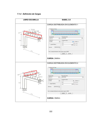222
7.1.4 Definición de Cargas
LIBRO ESCAMILLA BABEL 2.0
CARGA DISTRIBUIDA EN ELEMENTO 1
CARGA: 24kN/m
CARGA DISTRIBUIDA EN ELEMENTO 2
CARGA: 35kN/m
 