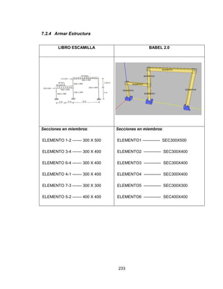 233
7.2.4 Armar Estructura
LIBRO ESCAMILLA BABEL 2.0
Secciones en miembros:
ELEMENTO 1-2 ------- 300 X 500
ELEMENTO 3-4 ------- 300 X 400
ELEMENTO 6-4 ------- 300 X 400
ELEMENTO 4-1 ------- 300 X 400
ELEMENTO 7-3 ------- 300 X 300
ELEMENTO 5-2 ------- 400 X 400
Secciones en miembros:
ELEMENTO1 ------------- SEC300X500
ELEMENTO2 ------------- SEC300X400
ELEMENTO3 ------------- SEC300X400
ELEMENTO4 ------------- SEC300X400
ELEMENTO5 ------------- SEC300X300
ELEMENTO6 ------------- SEC400X400
 