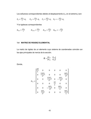 43
Los esfuerzos correspondientes debido al desplazamiento d12 en el extremo j son:
Y la rigideces correspondientes
1.4 MATRIZ DE RIGIDEZ ELEMENTAL
La matriz de rigidez de un elemento cuyo sistema de coordenadas coincide con
los ejes principales de inercia de la sección.
̅ [ ]
Donde,
[ ]
 