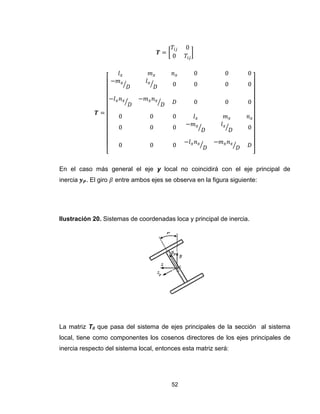 52
[ ]
[
⁄ ⁄
⁄ ⁄
⁄ ⁄
⁄ ⁄
]
En el caso más general el eje y local no coincidirá con el eje principal de
inercia . El giro entre ambos ejes se observa en la figura siguiente:
La matriz Til que pasa del sistema de ejes principales de la sección al sistema
local, tiene como componentes los cosenos directores de los ejes principales de
inercia respecto del sistema local, entonces esta matriz será:
Ilustración 20. Sistemas de coordenadas loca y principal de inercia.
 