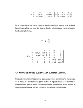 53
[ ] [ ]
De la misma forma que con la matriz de transformación del sistema local al global,
la matriz completa que pasa del sistema de ejes principales de inercia a los ejes
locales, tiene la forma.
[ ]
[ ]
1.7 MATRIZ DE RIGIDEZ ELEMENTAL EN EL SISTEMA GLOBAL
Para determinar la matriz de rigidez global procedemos a multiplicar la transpuesta
de la matriz de transformación por la matriz de rigidez local y por la matriz de
transformación, pero al haber seis deformaciones, y la rotación de las mismas al
sistema global requiere emplear dos veces la matriz de transformación.
 