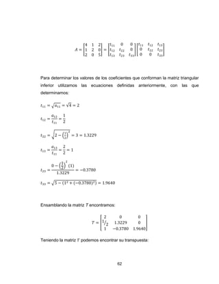 62
[ ] [ ] [ ]
Para determinar los valores de los coeficientes que conforman la matriz triangular
inferior utilizamos las ecuaciones definidas anteriormente, con las que
determinamos:
√ √
√ ( )
( )
√
Ensamblando la matriz T encontramos:
[ ⁄ ]
Teniendo la matriz podemos encontrar su transpuesta:
 