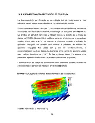 64
1.8.4 ESCOGENCIA DESCOMPOSICIÓN DE CHOLESKY
La descomposición de Cholesky es un método fácil de implementar y que
consume menos recursos que algunos de los métodos tradicionales.
En una prueba que llevo a cabo por (7) se utilizaron varios métodos de solución de
ecuaciones para resolver una estructura compleja. La estructura (Ilustración 21)
fue dividida en 264,250 elementos y 326,228 nodos. El tamaño de la matriz de
rigidez es 978,684. Se resolvió el problema variando el número de procesadores
usados. Como comparación, los resultados obtenidos usando el método del
gradiente conjugado en paralelo para resolver el problema. El método del
gradiente conjugado fue usado con y sin pre condicionamiento, el
precondicionador usado es Jacobi. La tolerancia en la norma del gradiente usado
para solvers iterativos es . En las siguientes tablas, los valores entre
paréntesis representan el número de procesadores usados en paralelo.
La comparación del tiempo de solución utilizando diferentes solvers y numero de
procesadores en paralelo es mostrado en la Ilustración 22.
Fuente: Tomado de la referencia (7)
Ilustración 21. Ejemplo numérico de la deformación de una estructura.
 