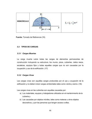 85
SEMICÍRCULO
Fuente: Tomado de Referencia (16)
3.3 TIPOS DE CARGAS
3.3.1 Cargas Muertas
La carga muerta cubre todas las cargas de elementos permanentes de
construcción incluyendo su estructura, los muros, pisos, cubiertas, cielos rasos,
escaleras, equipos fijos y todas aquellas cargas que no son causadas por la
ocupación y uso de la edificación. (17)
3.3.2 Cargas Vivas
Las cargas vivas son aquellas cargas producidas por el uso y ocupación de la
edificación y no deben incluir cargas ambientales tales como viento y sismo. (18)
Las cargas vivas en las cubiertas son aquellas causadas por:
a) Los materiales, equipos y trabajadores utilizados en el mantenimiento de la
cubierta y
b) Las causadas por objetos móviles, tales como materas u otros objetos
decorativos, y por las personas que tengan acceso a ellas.
 