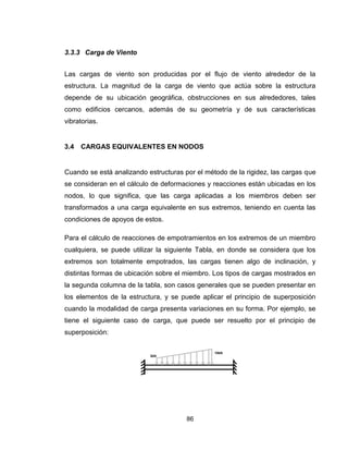 86
3.3.3 Carga de Viento
Las cargas de viento son producidas por el flujo de viento alrededor de la
estructura. La magnitud de la carga de viento que actúa sobre la estructura
depende de su ubicación geográfica, obstrucciones en sus alrededores, tales
como edificios cercanos, además de su geometría y de sus características
vibratorias.
3.4 CARGAS EQUIVALENTES EN NODOS
Cuando se está analizando estructuras por el método de la rigidez, las cargas que
se consideran en el cálculo de deformaciones y reacciones están ubicadas en los
nodos, lo que significa, que las carga aplicadas a los miembros deben ser
transformados a una carga equivalente en sus extremos, teniendo en cuenta las
condiciones de apoyos de estos.
Para el cálculo de reacciones de empotramientos en los extremos de un miembro
cualquiera, se puede utilizar la siguiente Tabla, en donde se considera que los
extremos son totalmente empotrados, las cargas tienen algo de inclinación, y
distintas formas de ubicación sobre el miembro. Los tipos de cargas mostrados en
la segunda columna de la tabla, son casos generales que se pueden presentar en
los elementos de la estructura, y se puede aplicar el principio de superposición
cuando la modalidad de carga presenta variaciones en su forma. Por ejemplo, se
tiene el siguiente caso de carga, que puede ser resuelto por el principio de
superposición:
 