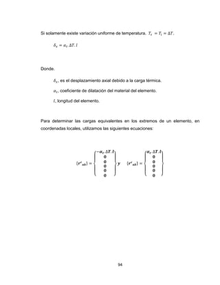 94
Si solamente existe variación uniforme de temperatura. .
Donde.
, es el desplazamiento axial debido a la carga térmica.
, coeficiente de dilatación del material del elemento.
, longitud del elemento.
Para determinar las cargas equivalentes en los extremos de un elemento, en
coordenadas locales, utilizamos las siguientes ecuaciones:
{ }
{ }
{ }
{ }
 