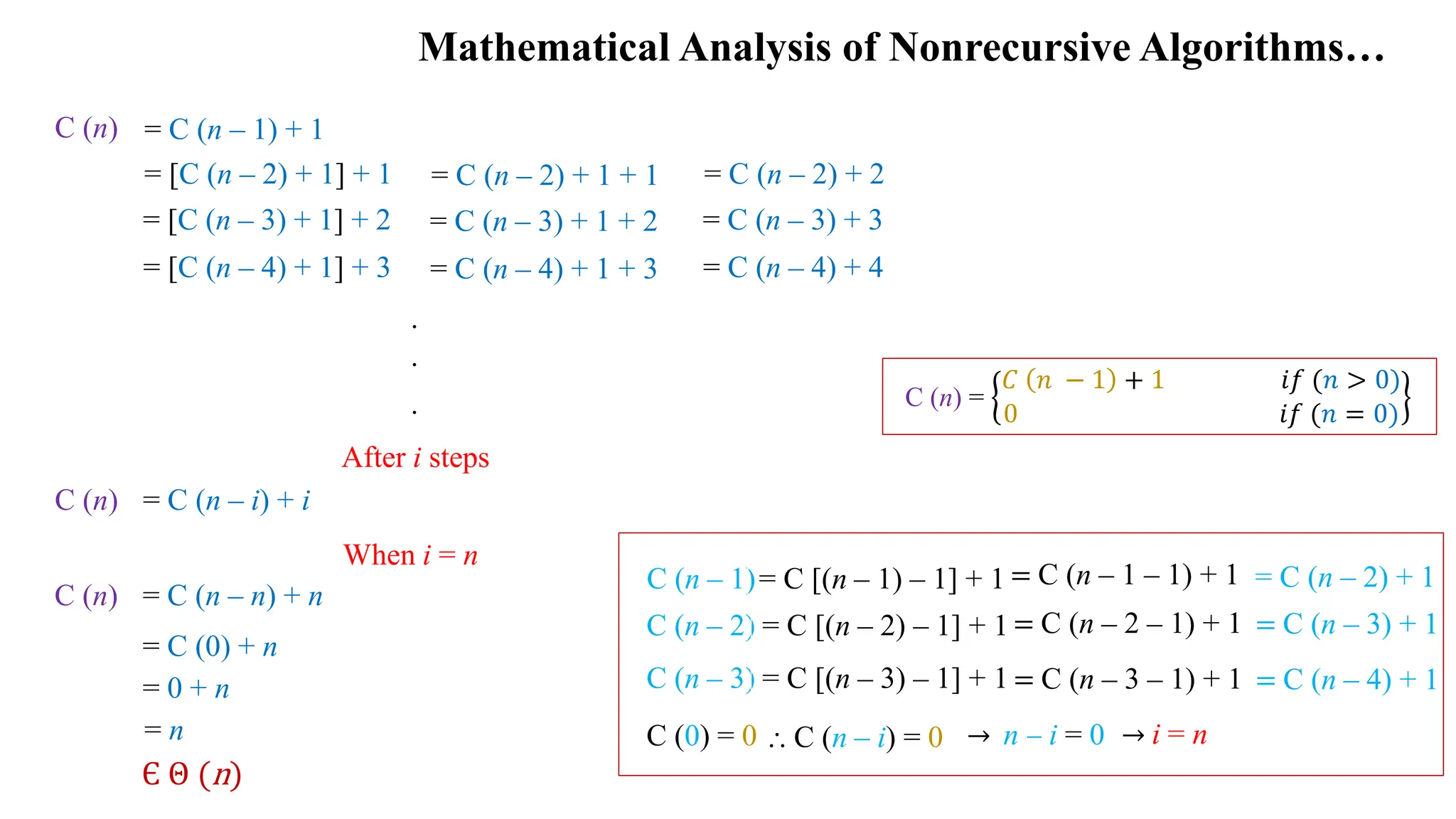 Mathematical Analysis of Nonrecursive Algorithms…
Є Θ (n)
= C (n – 1 – 1) + 1 = C (n – 2) + 1
= C (n – 2 – 1) + 1 = C (n – 3) + 1
= C (n – 1) + 1
C (n)
= [C (n – 2) + 1] + 1 = C (n – 2) + 1 + 1 = C (n – 2) + 2
= [C (n – 3) + 1] + 2 = C (n – 3) + 1 + 2 = C (n – 3) + 3
= C (n – 3 – 1) + 1 = C (n – 4) + 1
= [C (n – 4) + 1] + 3 = C (n – 4) + 1 + 3 = C (n – 4) + 4
.
.
.
After i steps
= C (n – i) + i
C (n)
C (n) =
𝐶 𝑛 − 1 + 1 𝑖𝑓 (𝑛 > 0)
0 𝑖𝑓 (𝑛 = 0)
When i = n
C (n – 1)= C [(n – 1) – 1] + 1
= C (n – n) + n
C (n)
= C (0) + n
= 0 + n
= n
C (n – 2) = C [(n – 2) – 1] + 1
C (n – 3) = C [(n – 3) – 1] + 1
→ n – i = 0
C (0) = 0 ⸫ C (n – i) = 0 → i = n
 
