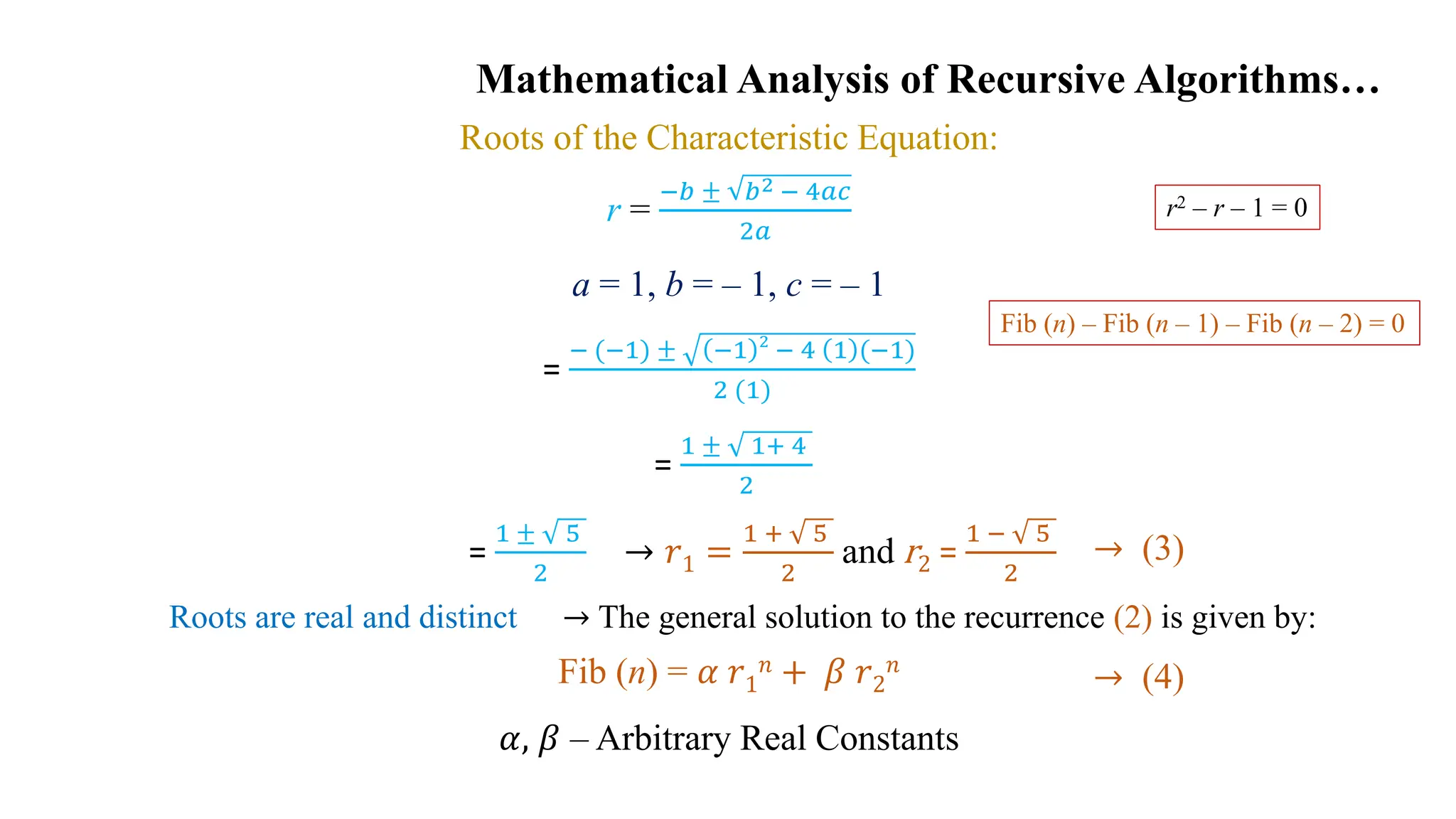 Mathematical Analysis of Recursive Algorithms…
Roots of the Characteristic Equation:
r =
−𝑏 ± 𝑏2 − 4𝑎𝑐
2𝑎
a = 1, b = – 1, c = – 1
=
− (−1) ± −1 2
− 4 1 (−1)
2 (1)
=
1 ± 1+ 4
2
Fib (n) = 𝛼 𝑟1
𝑛 + 𝛽 𝑟2
𝑛
𝛼, 𝛽 – Arbitrary Real Constants
→ (3)
→ (4)
→ 𝑟1 =
1 + 5
2
and r2 =
1 − 5
2
=
1 ± 5
2
→ The general solution to the recurrence (2) is given by:
Roots are real and distinct
r2 – r – 1 = 0
Fib (n) – Fib (n – 1) – Fib (n – 2) = 0
 