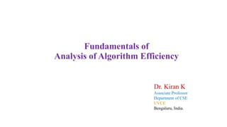 Fundamentals of
Analysis of Algorithm Efficiency
Dr. Kiran K
Associate Professor
Department of CSE
UVCE
Bengaluru, India.
 