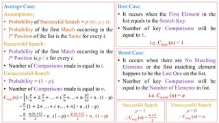 Worst Case:
• It occurs when there are No Matching
Elements or the first matching element
happens to be the Last One on the list.
• Number of key Comparisons will be
equal to the Number of Elements in list.
i.e. Cworst (n) = n
Best Case:
• It occurs when the First Element in the
list equals to the Search Key.
• Number of key Comparisons will be
equal to 1.
i.e. Cbest (n) = 1
Average Case:
Assumptions:
• Probability of Successful Search = p (0 ≤ p ≤ 1).
• Probability of the first Match occurring in the
ith Position of the list is the Same for every i.
Successful Search:
• Probability of the first Match occurring in the
ith Position is p / n for every i.
• Number of Comparisons made is equal to i.
Unsuccessful Search:
• Probability = (1 – p).
• Number of Comparisons made is equal to n.
Cavg (n) = 1.
𝑝
𝑛
+ 2.
𝑝
𝑛
+ . . . + 𝑖.
𝑝
𝑛
+. . . + 𝑛.
𝑝
𝑛
+ n . (1 – p)
=
𝑝
𝑛
1 + 2+ . . . + 𝑖 +. . . + 𝑛 + n . (1 – p)
=
𝑝
𝑛
𝑛 (𝑛 +1)
2
+ n . (1 – p) =
𝑝 (𝑛 +1)
2
+ n . (1 – p)
Successful Search:
p = 1
⸫ Cavg (n) =
𝑛 +1
2
Unsuccessful Search:
p = 0
⸫ Cavg (n) = n
 