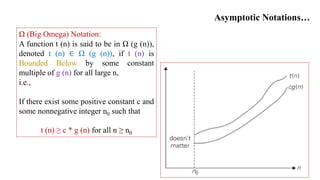 Asymptotic Notations…
A function t (n) is said to be in Ω (g (n)),
denoted t (n) ∈ Ω (g (n)), if t (n) is
Bounded Below by some constant
multiple of g (n) for all large n,
i.e.,
If there exist some positive constant c and
some nonnegative integer n0 such that
t (n) ≥ c * g (n) for all n ≥ n0
Ω (Big Omega) Notation:
 