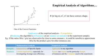 Empirical Analysis of Algorithms…
One of the Convex Functions
𝜃 (n log n), n2, n3 etc have convex shape.
Application of the empirical analysis – Extrapolation
(Predicting the algorithm’s performance on an instance not included in the experiment sample).
Eg.: If the ratios M(n) / g(n) are observed to be close to some constant c, it could be sensible to approximate
M(n) by the product cg(n) for other instances, too.
Mathematical Analysis Empirical Analysis
Strengths Independence of Specific Inputs Applicable to any algorithm
Weakness Limited Applicability especially for
investigating Average-case efficiency.
Results can depend on the particular Sample
of instances and the Computer used in the experiment.
 