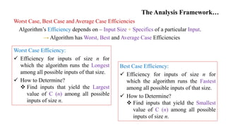 The Analysis Framework…
Worst Case, Best Case and Average Case Efficiencies
Algorithm’s Efficiency depends on – Input Size + Specifics of a particular Input.
→ Algorithm has Worst, Best and Average Case Efficiencies
Worst Case Efficiency:
 Efficiency for inputs of size n for
which the algorithm runs the Longest
among all possible inputs of that size.
 How to Determine?
 Find inputs that yield the Largest
value of C (n) among all possible
inputs of size n.
Best Case Efficiency:
 Efficiency for inputs of size n for
which the algorithm runs the Fastest
among all possible inputs of that size.
 How to Determine?
 Find inputs that yield the Smallest
value of C (n) among all possible
inputs of size n.
 