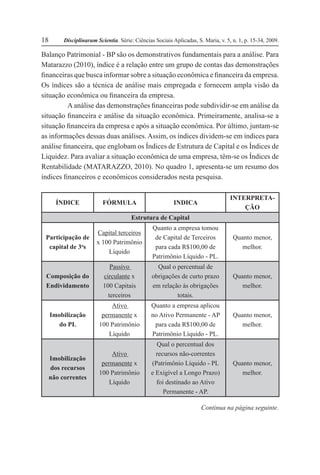 Disciplinarum Scientia. Série: Ciências Sociais Aplicadas, S. Maria, v. 5, n. 1, p. 15-34, 2009.18
Balanço Patrimonial - BP são os demonstrativos fundamentais para a análise. Para
Matarazzo (2010), índice é a relação entre um grupo de contas das demonstrações
financeiras que busca informar sobre a situação econômica e financeira da empresa.
Os índices são a técnica de análise mais empregada e fornecem ampla visão da
situação econômica ou financeira da empresa.
A análise das demonstrações financeiras pode subdividir-se em análise da
situação financeira e análise da situação econômica. Primeiramente, analisa-se a
situação financeira da empresa e após a situação econômica. Por último, juntam-se
as informações dessas duas análises. Assim, os índices dividem-se em índices para
análise financeira, que englobam os Índices de Estrutura de Capital e os Índices de
Liquidez. Para avaliar a situação econômica de uma empresa, têm-se os Índices de
Rentabilidade (MATARAZZO, 2010). No quadro 1, apresenta-se um resumo dos
índices financeiros e econômicos considerados nesta pesquisa.
ÍNDICE FÓRMULA INDICA
INTERPRETA-
ÇÃO
Estrutura de Capital
Participação de
capital de 3o
s
Capital terceiros
x 100 Patrimônio
Líquido
Quanto a empresa tomou
de Capital de Terceiros
para cada R$100,00 de
Patrimônio Líquido - PL.
Quanto menor,
melhor.
Composição do
Endividamento
Passivo
circulante x
100 Capitais
terceiros
Qual o percentual de
obrigações de curto prazo
em relação às obrigações
totais.
Quanto menor,
melhor.
Imobilização
do PL
Ativo
permanente x
100 Patrimônio
Líquido
Quanto a empresa aplicou
no Ativo Permanente - AP
para cada R$100,00 de
Patrimônio Líquido - PL.
Quanto menor,
melhor.
Imobilização
dos recursos
não correntes
Ativo
permanente x
100 Patrimônio
Líquido
Qual o percentual dos
recursos não-correntes
(Patrimônio Líquido - PL
e Exigível a Longo Prazo)
foi destinado ao Ativo
Permanente - AP.
Quanto menor,
melhor.
Continua na página seguinte.
 
