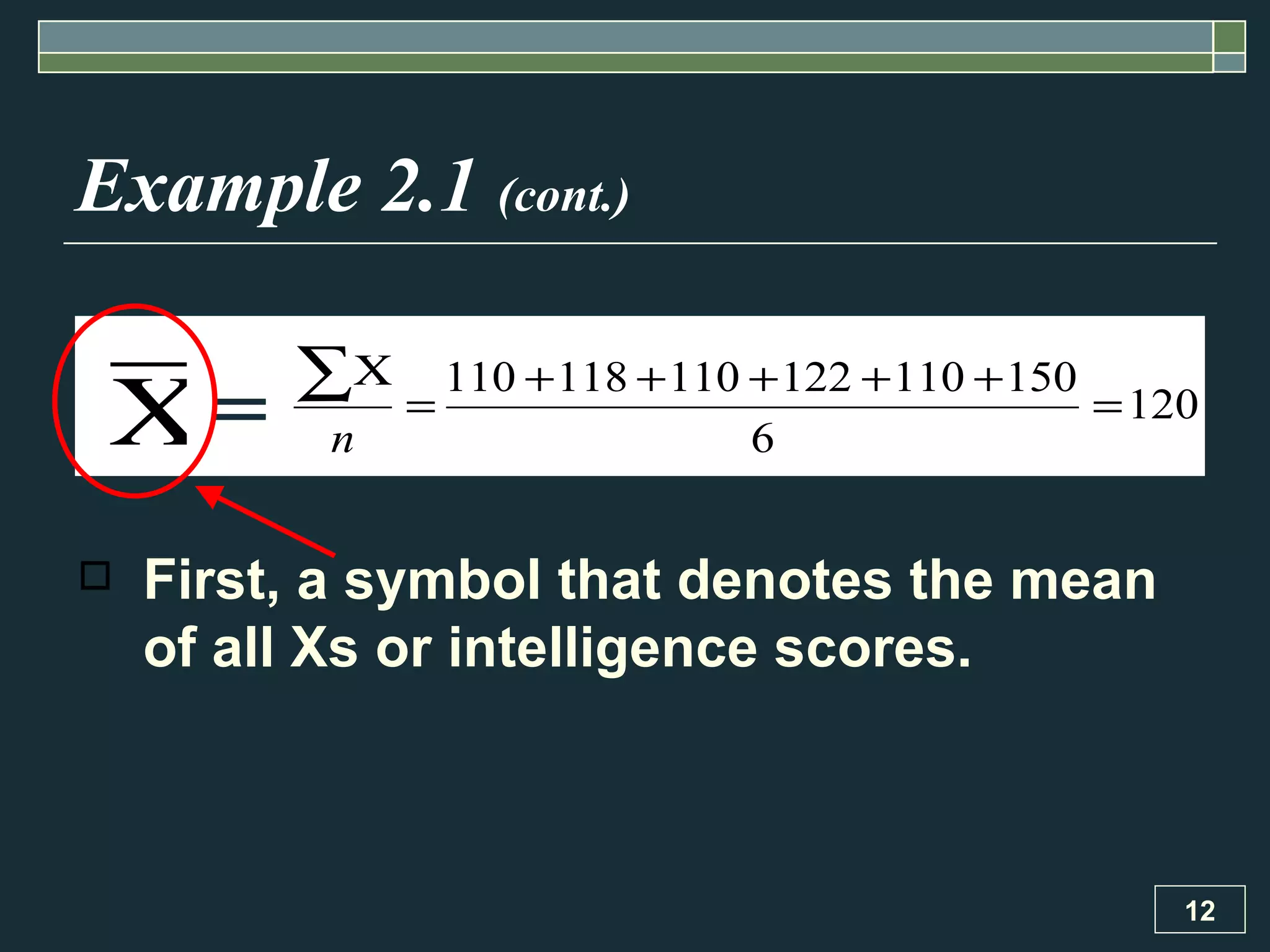 Example 2.1  (cont.) First, a symbol that denotes the mean of all Xs or intelligence scores.  = 
