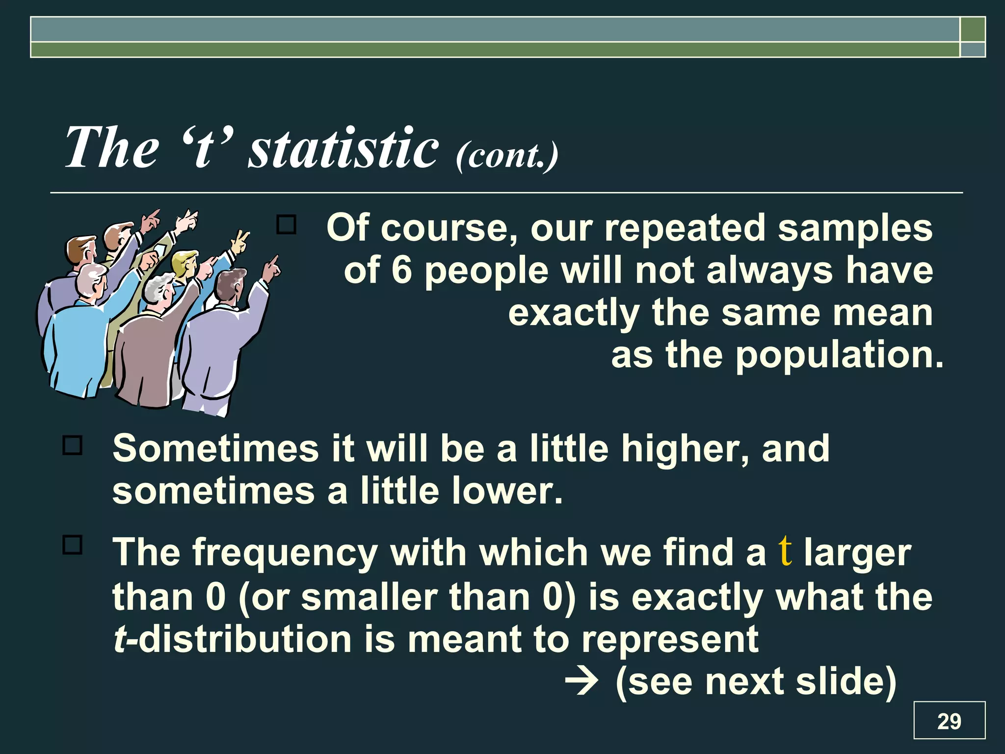 The ‘t’ statistic  (cont.) Of course, our repeated samples  of 6 people will not always have  exactly the same mean  as the population. Sometimes it will be a little higher, and sometimes a little lower.  The frequency with which we find a  t  larger than 0 (or smaller than 0) is exactly what the  t- distribution is meant to represent    (see next slide) 