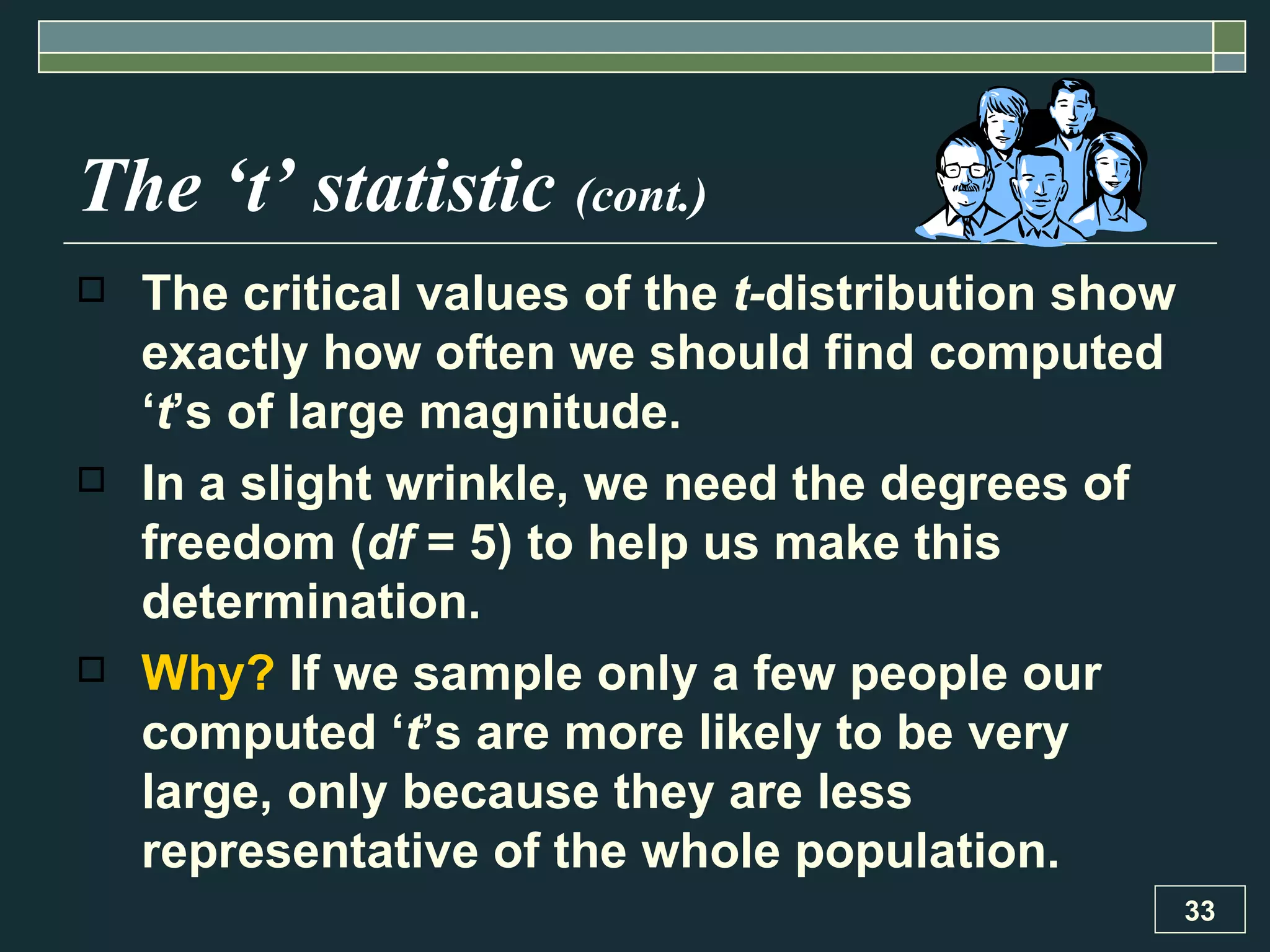 The ‘t’ statistic  (cont.) The critical values of the  t- distribution show exactly how often we should find computed ‘ t ’s of large magnitude.  In a slight wrinkle, we need the degrees of freedom ( df  = 5) to help us make this determination.  Why?  If we sample only a few people our computed ‘ t ’s are more likely to be very large, only because they are less representative of the whole population. 