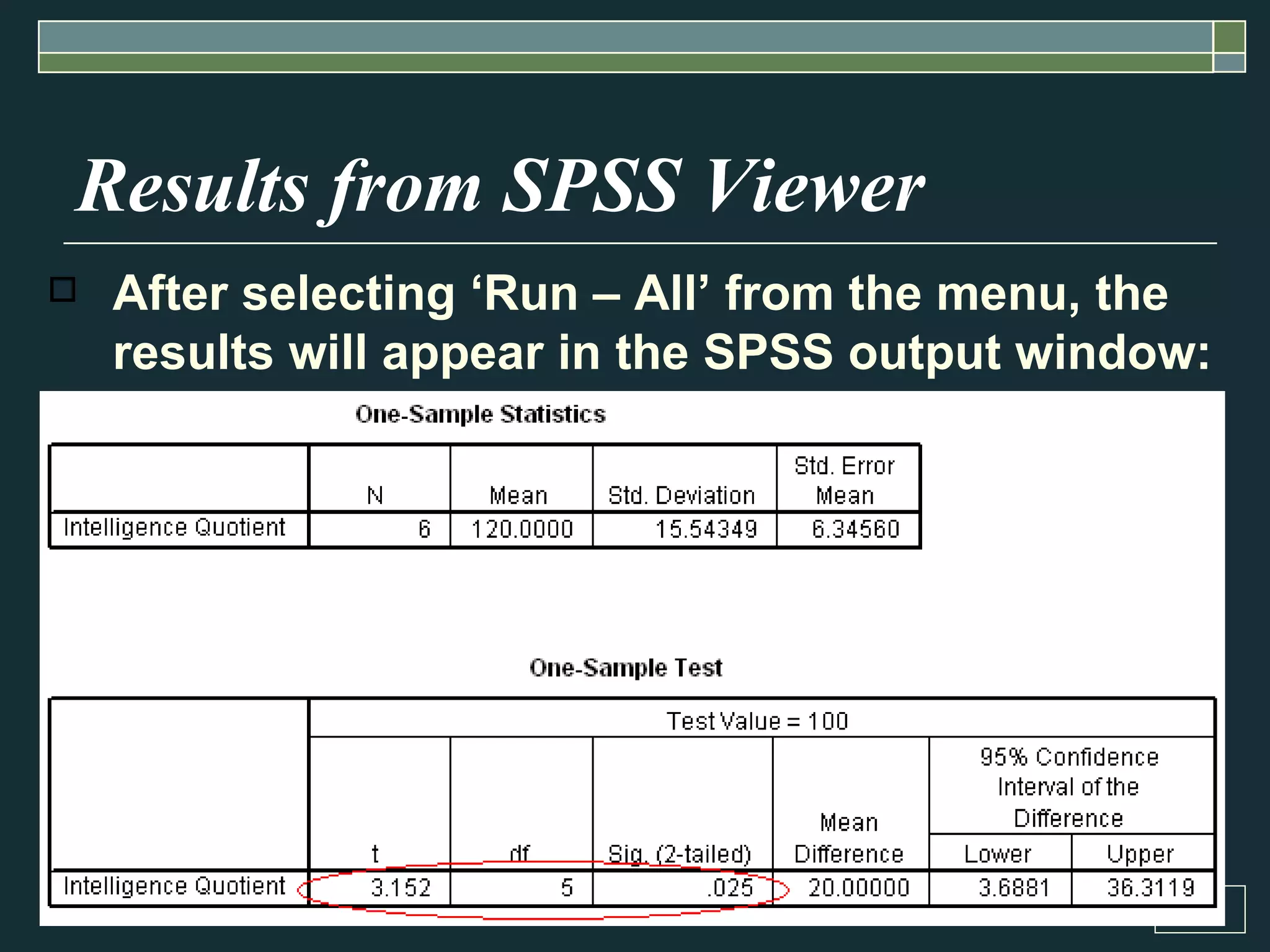 Results from SPSS Viewer After selecting ‘Run – All’ from the menu, the results will appear in the SPSS output window: 
