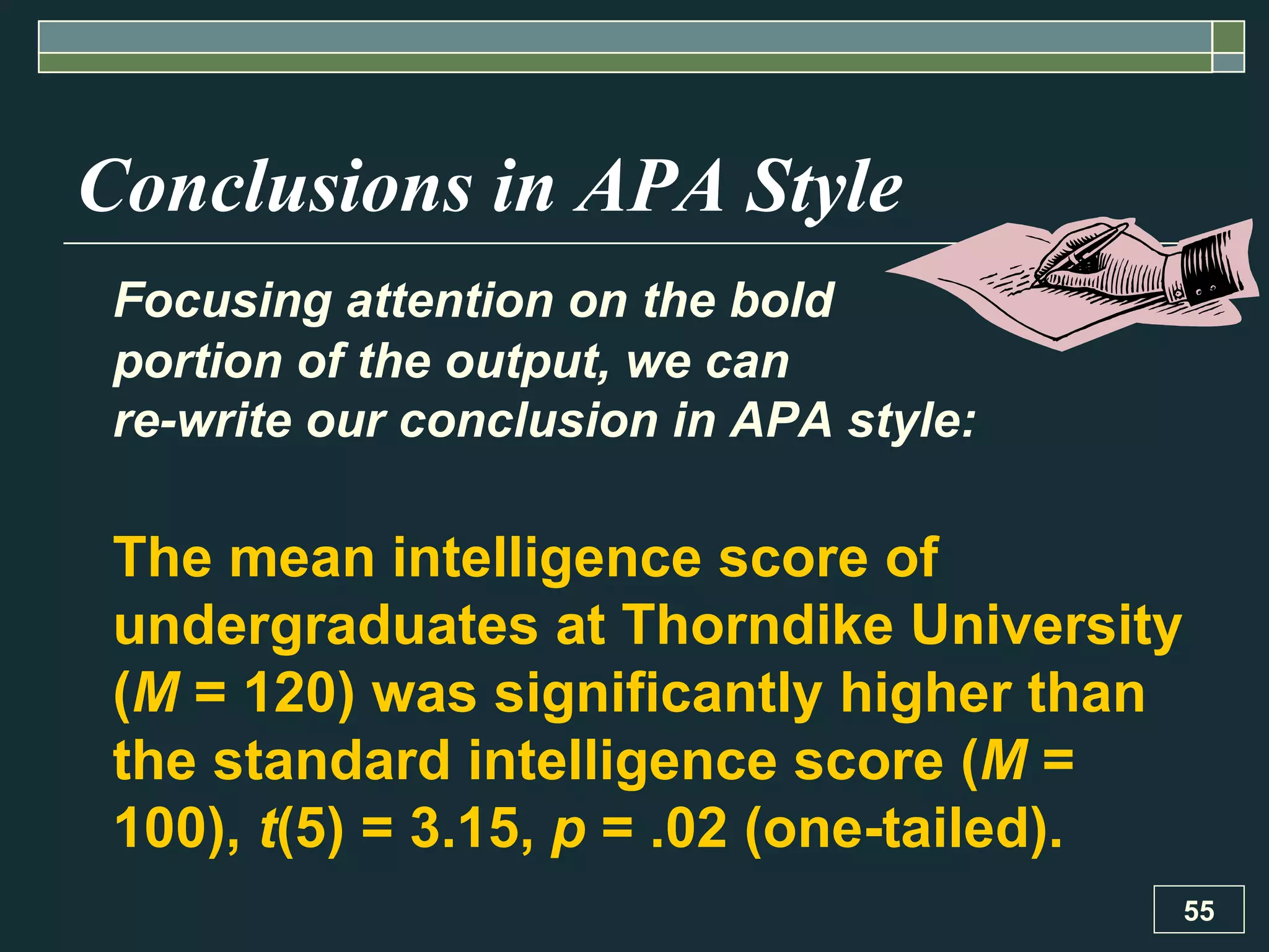 Conclusions in APA Style Focusing attention on the bold  portion of the output, we can  re-write our conclusion in APA style: The mean intelligence score of undergraduates at Thorndike University ( M  = 120) was significantly higher than the standard intelligence score ( M  = 100),  t (5) = 3.15,  p  = .02 (one-tailed). 