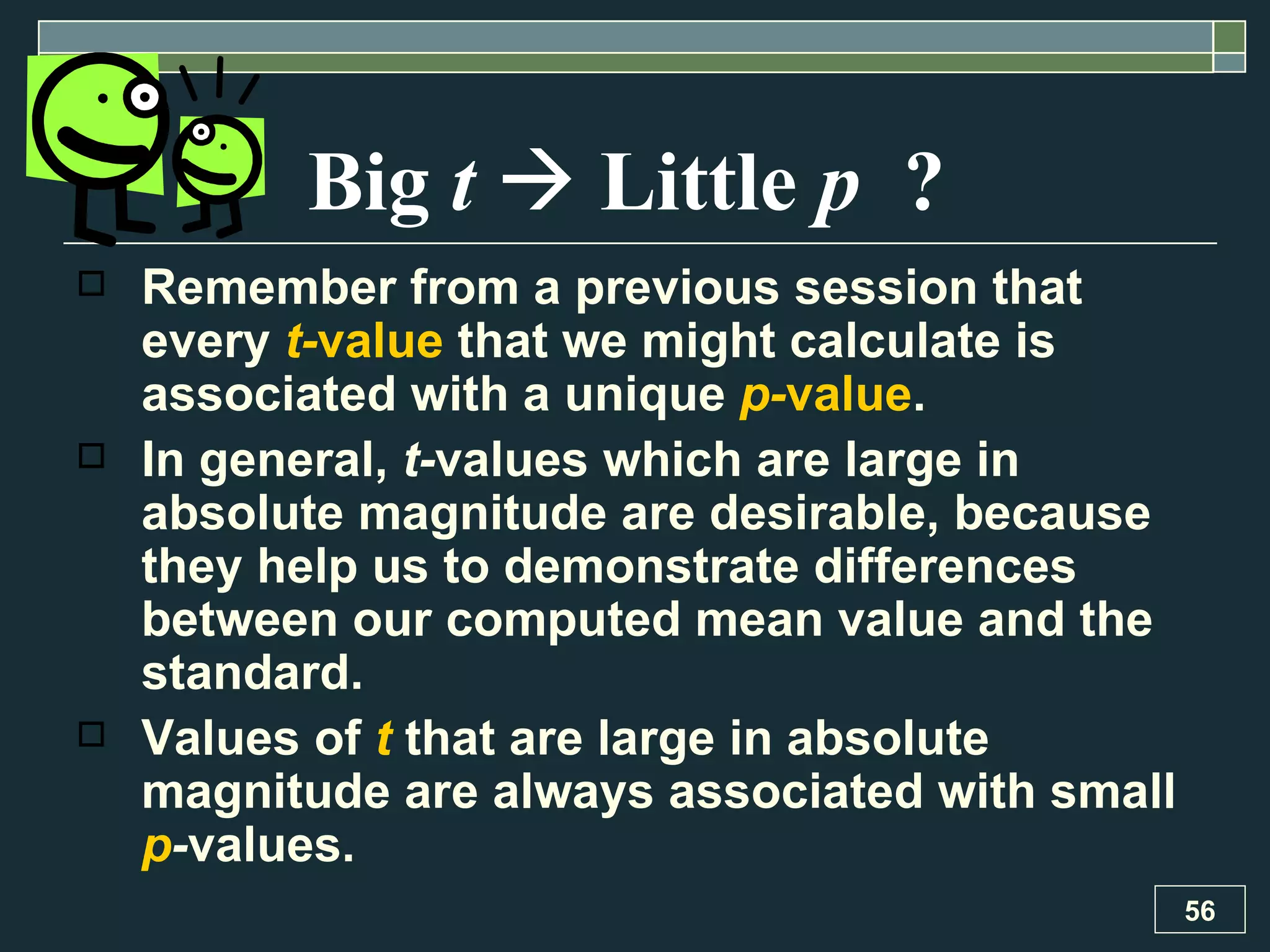 Big  t     Little  p  ? Remember from a previous session that every  t- value  that we might calculate is associated with a unique  p- value .  In general,  t- values which are large in absolute magnitude are desirable, because they help us to demonstrate differences between our computed mean value and the standard.  Values of  t   that are large in absolute magnitude are always associated with small  p - values.  