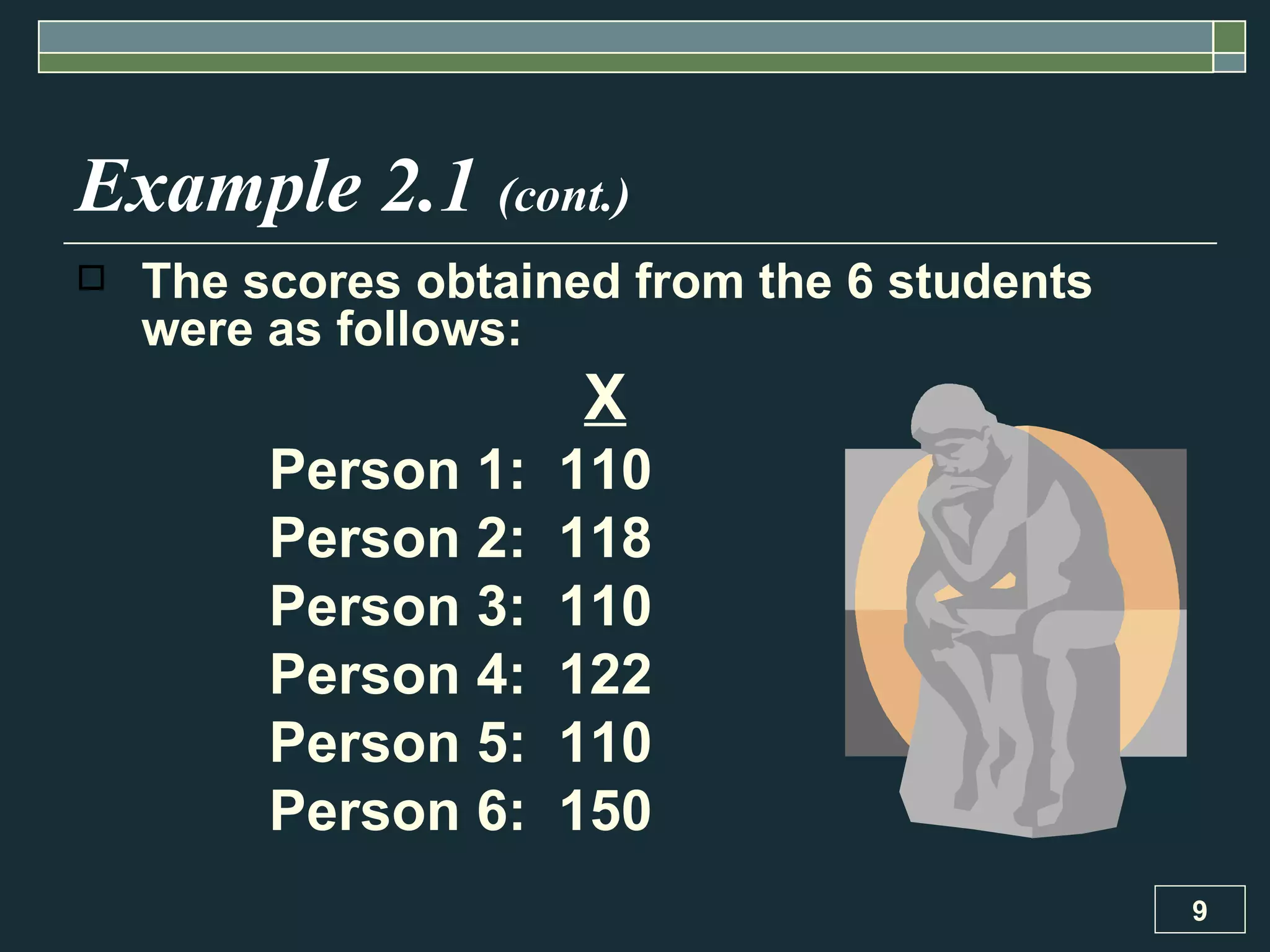 Example 2.1  (cont.) The scores obtained from the 6 students were as follows: X Person 1:  110 Person 2:  118 Person 3:  110 Person 4:  122 Person 5:  110 Person 6:  150 