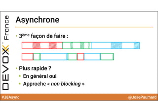 #J8Async @JosePaumard
• 3ème façon de faire :
• Plus rapide ?
 En général oui
 Approche « non blocking »
AsynchroneAsynchrone
 