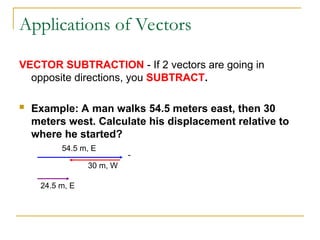 Applications of Vectors
VECTOR SUBTRACTION - If 2 vectors are going in
opposite directions, you SUBTRACT.
 Example: A man walks 54.5 meters east, then 30
meters west. Calculate his displacement relative to
where he started?
54.5 m, E
30 m, W
-
24.5 m, E
 