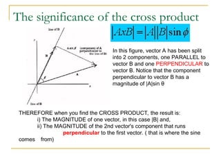 The significance of the cross product
In this figure, vector A has been split
into 2 components, one PARALLEL to
vector B and one PERPENDICULAR to
vector B. Notice that the component
perpendicular to vector B has a
magnitude of |A|sin θ
THEREFORE when you find the CROSS PRODUCT, the result is:
i) The MAGNITUDE of one vector, in this case |B| and,
ii) The MAGNITUDE of the 2nd vector's component that runs
perpendicular to the first vector. ( that is where the sine
comes from)
 