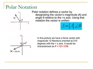 Polar Notation
Polar notation defines a vector by
designating the vector’s magnitude |A| and
angle θ relative to the +x axis. Using that
notation the vector is written:
In this picture we have a force vector with
magnitude 12 Newtons oriented at 210
degrees with the + x axis. It would be
characterized as F = 12 < 210
 