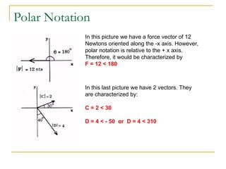 Polar Notation
In this picture we have a force vector of 12
Newtons oriented along the -x axis. However,
polar notation is relative to the + x axis.
Therefore, it would be characterized by
F = 12 < 180
In this last picture we have 2 vectors. They
are characterized by:
C = 2 < 30
D = 4 < - 50 or D = 4 < 310
 