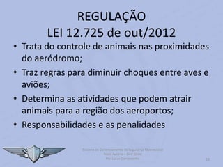 Sistema de Gerenciamento de Segurança Operacional
Risco Aviário – Bird Strike
Por Lucas Carramenha 19
REGULAÇÃO
LEI 12.725 de out/2012
• Trata do controle de animais nas proximidades
do aeródromo;
• Traz regras para diminuir choques entre aves e
aviões;
• Determina as atividades que podem atrair
animais para a região dos aeroportos;
• Responsabilidades e as penalidades
 