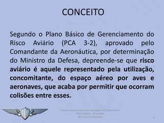 Sistema de Gerenciamento de Segurança Operacional
Risco Aviário – Bird Strike
Por Lucas Carramenha 3
CONCEITO
Segundo o Plano Básico de Gerenciamento do
Risco Aviário (PCA 3-2), aprovado pelo
Comandante da Aeronáutica, por determinação
do Ministro da Defesa, depreende-se que risco
aviário é aquele representado pela utilização,
concomitante, do espaço aéreo por aves e
aeronaves, que acaba por permitir que ocorram
colisões entre esses.
 