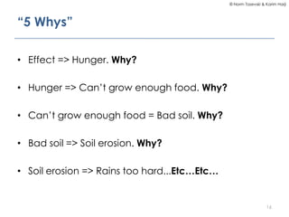© Norm Tasevski & Karim Harji
“5 Whys”
• Effect => Hunger. Why?
• Hunger => Can’t grow enough food. Why?
• Can’t grow enough food = Bad soil. Why?
• Bad soil => Soil erosion. Why?
• Soil erosion => Rains too hard...Etc…Etc…
16
 