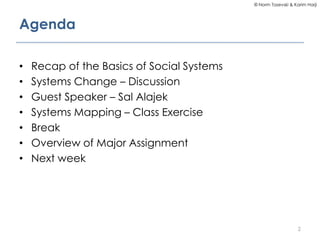 © Norm Tasevski & Karim Harji
Agenda
• Recap of the Basics of Social Systems
• Systems Change – Discussion
• Guest Speaker – Sal Alajek
• Systems Mapping – Class Exercise
• Break
• Overview of Major Assignment
• Next week
2
 