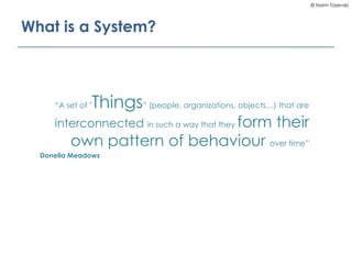 © Norm Tasevski
What is a System?
“A set of "Things” (people, organizations, objects…) that are
interconnected in such a w...